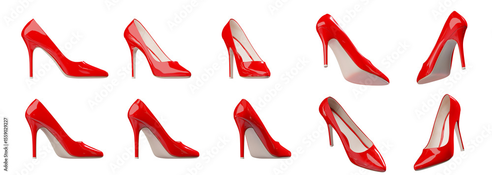 Obraz premium Visual presentation of red women’s scarpin pump. Multiple angled views. Isolated on a transparent background. 3D illustration.