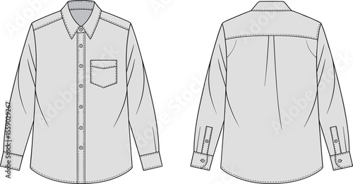  Classic Long Sleeve Button-Up Shirt Design Template for Fashion Illustration, Apparel Mockup, and Technical Drawing with Front and Back Views, Versatile Formal and Casual Wear