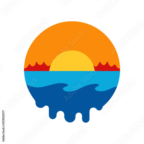Stylized sunset dipping into ocean curl vector art on transparent background for web and graphic design