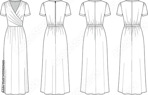Technical flat sketch of a women's maxi dress with a short-sleeved wrap V-neck bodice, elasticized waist, and flowing skirt, ideal for casual fashion design, apparel, and pattern making.