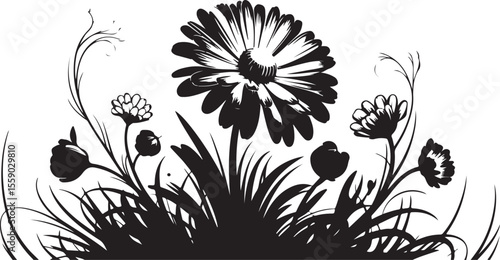 Vector art of a single large daisy and smaller wildflowers in a cluster, set against a backdrop of tall grass, isolated on transparent background