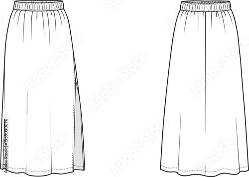 Technical flat sketch of a women's midi length skirt with an elasticated waistband and side slit detail, shown in front and back views, ideal for fashion design, apparel, and pattern making