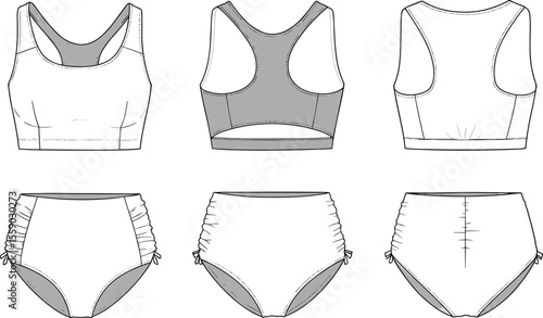 Technical flat sketch of a women's maxi dress with a short-sleeved wrap V-neck bodice, elasticized waist, and flowing skirt, in both outline and colored versions for fashion design.