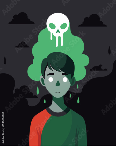 The persons once bright and happy aura is now shrouded in darkness consumed by the toxic cloud.. Vector illustration