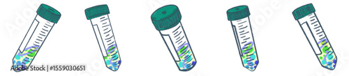 Hand-Drawn Centrifuge Tube Illustration Set — Colorful Science Lab Tubes with Gradient Liquid, Fun Bubbles, and Label Details for Biology, Chemistry, Medical Research, Biotech Branding, Academic Prese