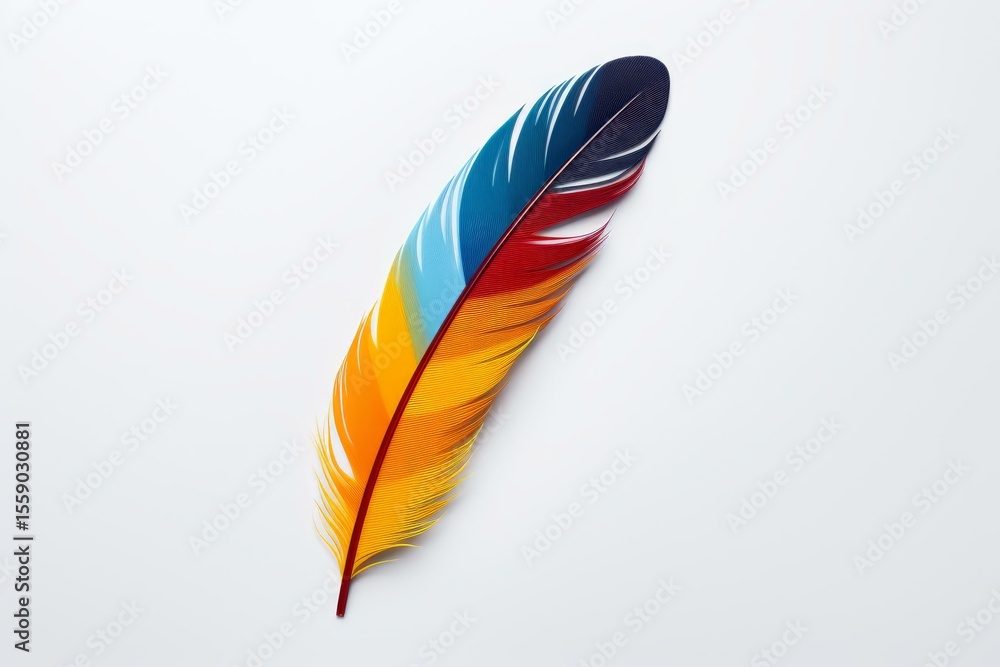 Brightly colored feather lying on a white background represents concepts of freedom, imagination and creativity Brightly colored feather lying on a white background represents concepts of freedom, imagination and creativity