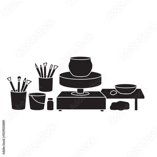 Black and white illustration of pottery tools and equipment for crafting ceramics