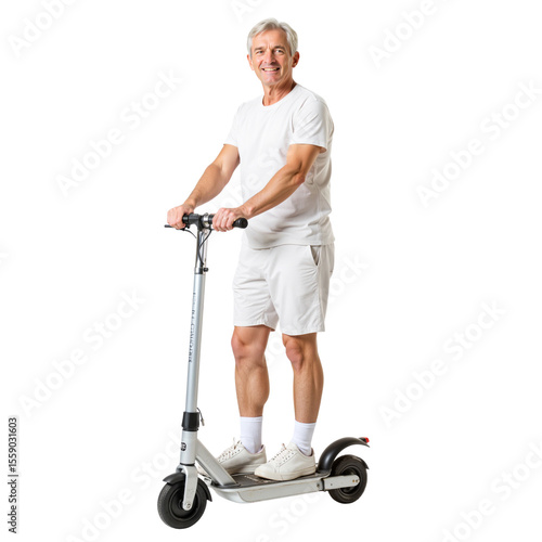 Elderly man riding a scooter and smiling in casual white outfit  