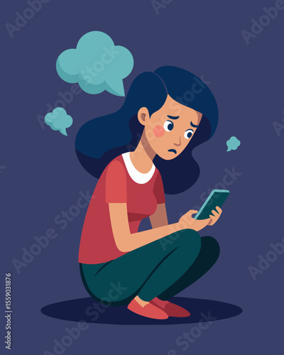 She found herself mindlessly swiping and scrolling as if her phone had taken over her thoughts and actions.. Vector illustration