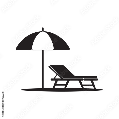 Black and white beach umbrella and lounge chair  vector icon