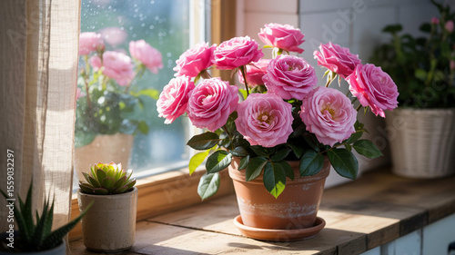 Wallpaper Mural A pot of pink roses sits on a windowsill in the sunlight Torontodigital.ca