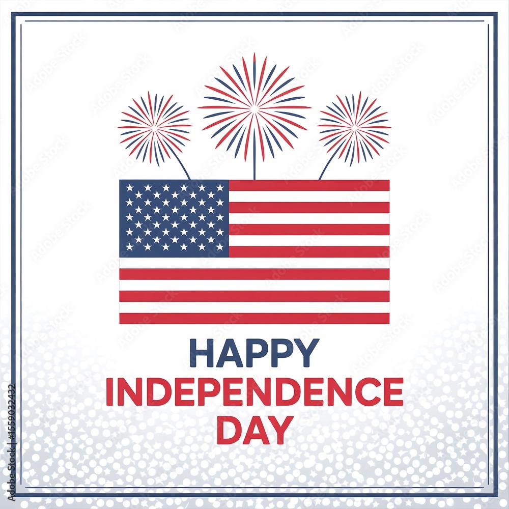 Fototapeta premium Happy independence day design with american flag and fireworks on white background