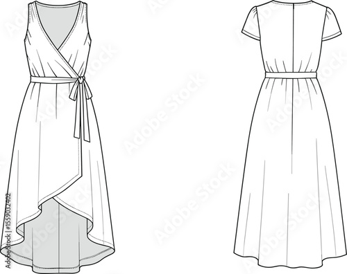 Technical flat sketch of a women's sleeveless wrap dress with a V-neck, waist tie, and asymmetric high-low hem, ideal for fashion design, apparel, and pattern making.