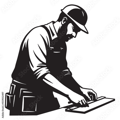 Construction worker measuring a surface wearing protective hard hat and professional workwear