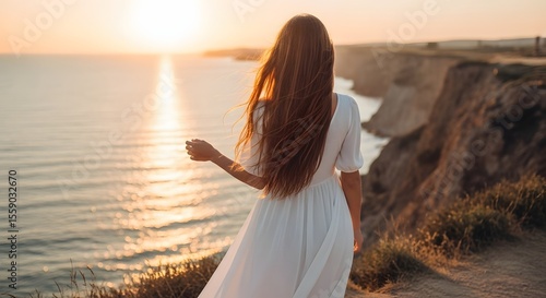 Woman in White Dress Gazing at Sunset Over Ocean from Cliffside, Serene Coastal Beauty with Long Hair Flowing in the Wind