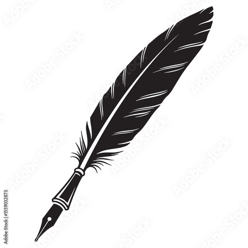 Elegant black and white feather quill pen illustration isolated on a white background
