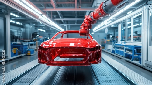 Red car body being painted in a factory