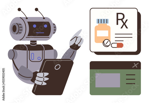 Robot using tablet beside digital prescription and app window illustration. Ideal for healthcare, AI, technology, innovation, telemedicine, automation, pharmaceutical industries, simple flat metaphor