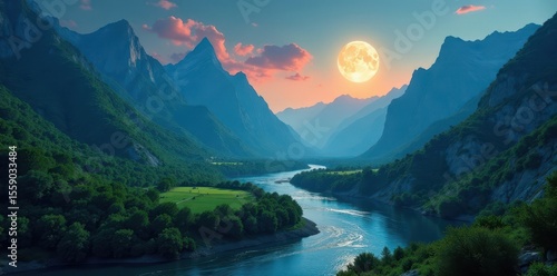 Moonlit peaks, river winding through emerald valley , green, serene