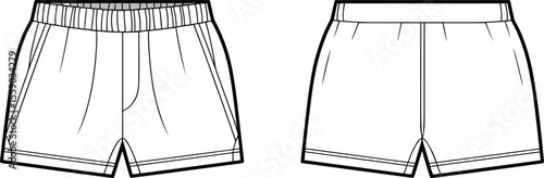 Vector flat technical sketch illustration of men's or women's casual elastic waistband boxer shorts template, front and back views. Fashion design document artwork for loungewear or sportswear