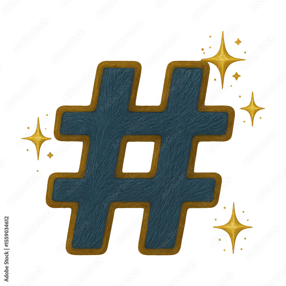 Fototapeta premium PNG Golden hashtag with sparkling stars.