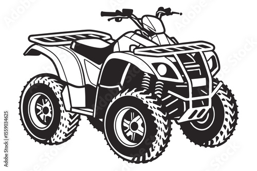 Black and White Illustration of a Powerful ATV Vehicle with Rugged Tires Ready for Off Road Adventures and Thrilling Outdoor Experiences