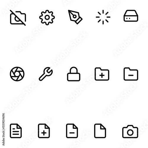 Tools & Settings Icons | Feather Line Style | Gear, Lock, Folder, Camera, Edit, Pen, Hard Drive