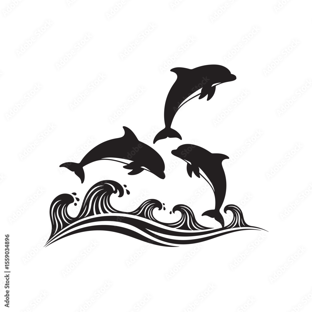 Fototapeta premium Black Dolphin Silhouettes Jumping Over Ocean Waves Vector