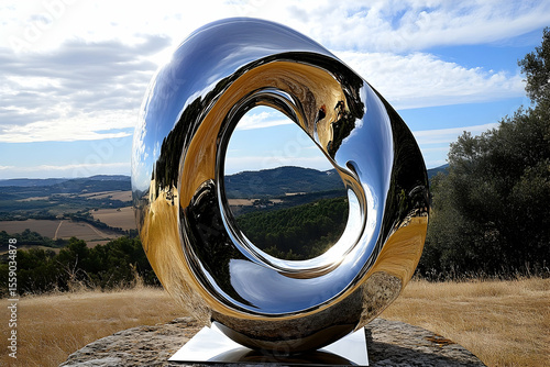 Reflective Sculpture Frames Rolling Hills Under Cloudy Sky, Arti