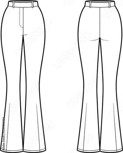 Vector flat technical sketch illustration of women's high-waisted flared trousers template, front and back views. Fashion design document artwork for formal, casual, or retro styles
