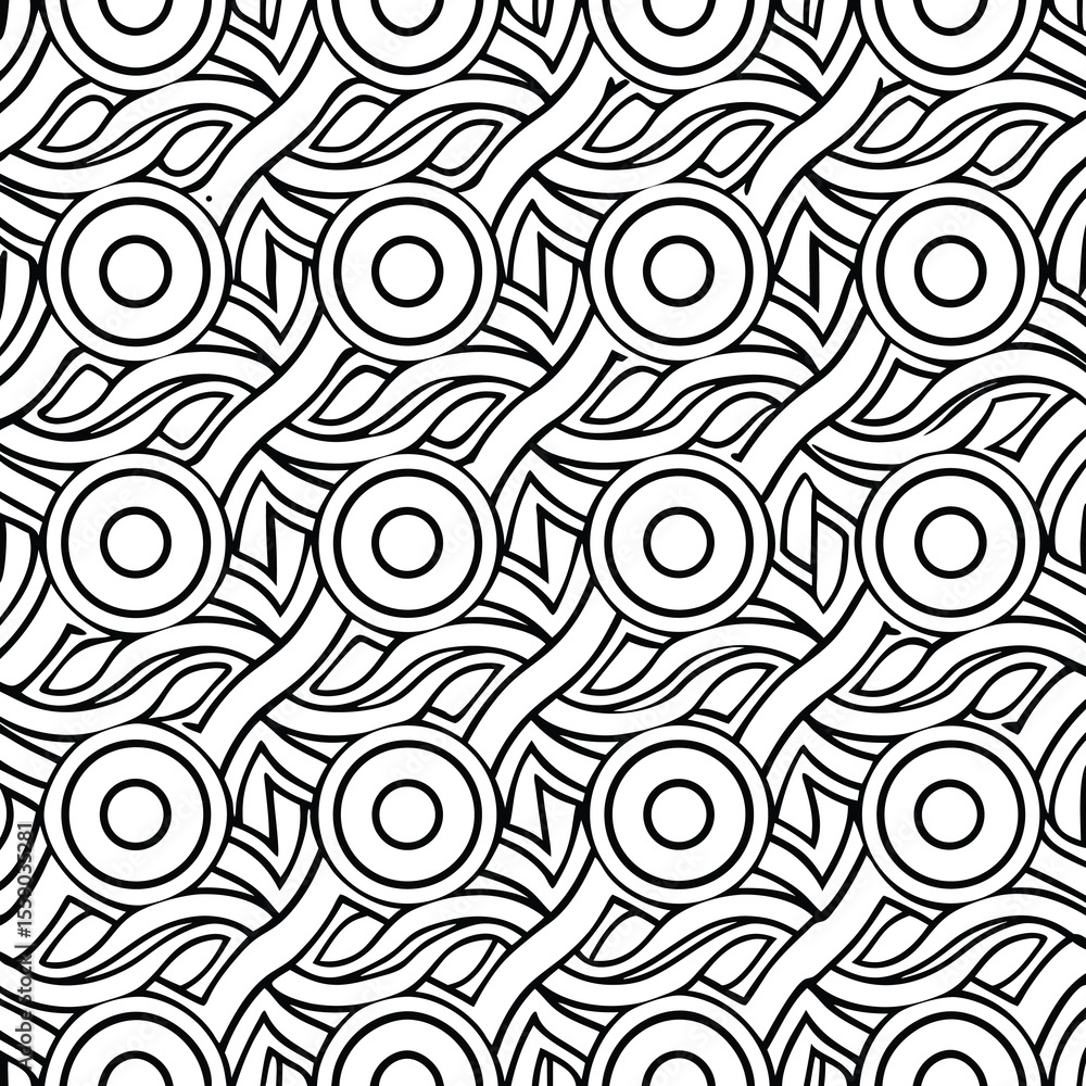 Fototapeta premium Abstract geometric seamless pattern with circular and wavy shapes in black and white