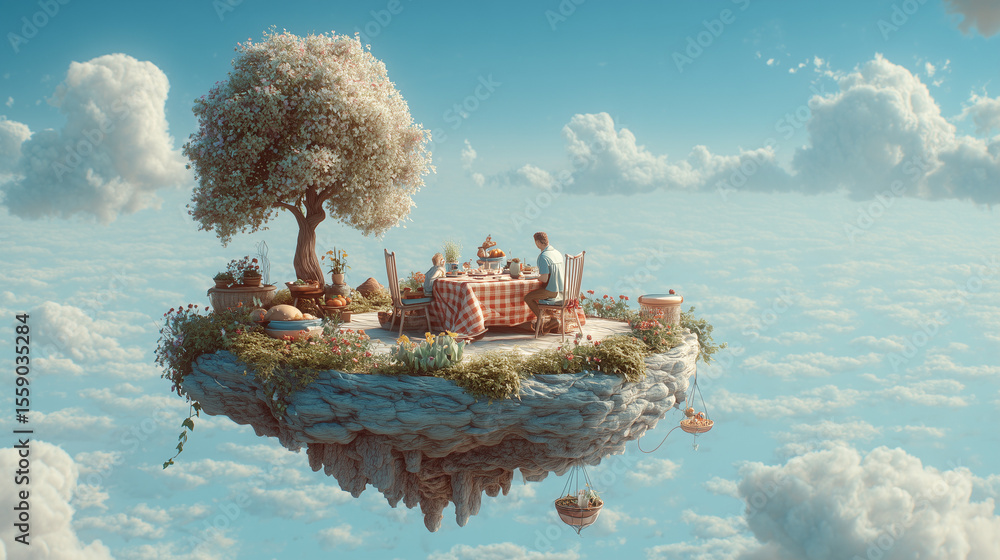 Obraz premium Floating island picnic scene in the sky, dreamy vibe