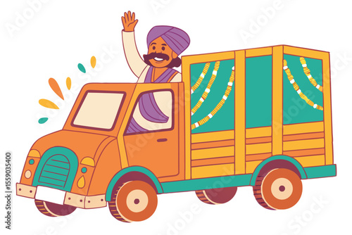 Whimsical Illustration of a Cheerful Driver in a Decorated Truck Waving Merrily, Symbolizing Festival and Transportation