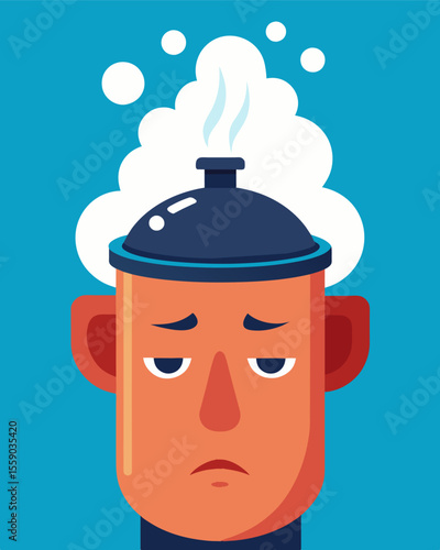 The head encapsulated in a pressure cooker with the steam reaching its maximum point before release symbolizing the suppression of builtup emotions and stress.. Vector illustration
