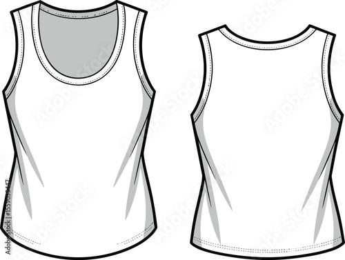 Vector flat technical sketch illustration of women's or men's classic scoop neck tank top template, front and back views. Fashion design document artwork for activewear or casualwear