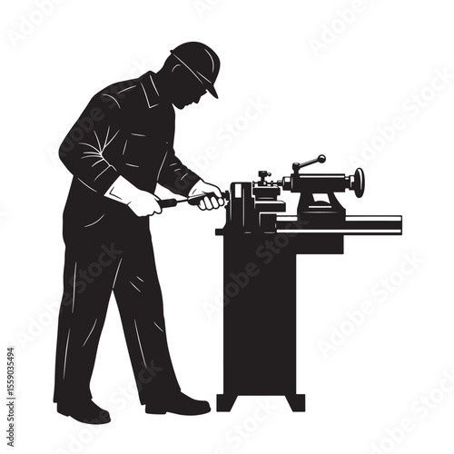 Silhouette of a machinist operating a lathe machine in a workshop setting using tools and safety gear