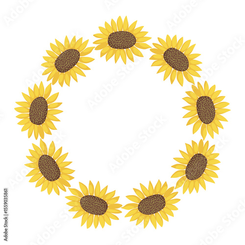 Sunflower wreath. Sunflowers harvest circle frame. Round frame with sunflowers in flat style for seasonal greeting cards, invitations, postcards, and packaging design. Vector design.