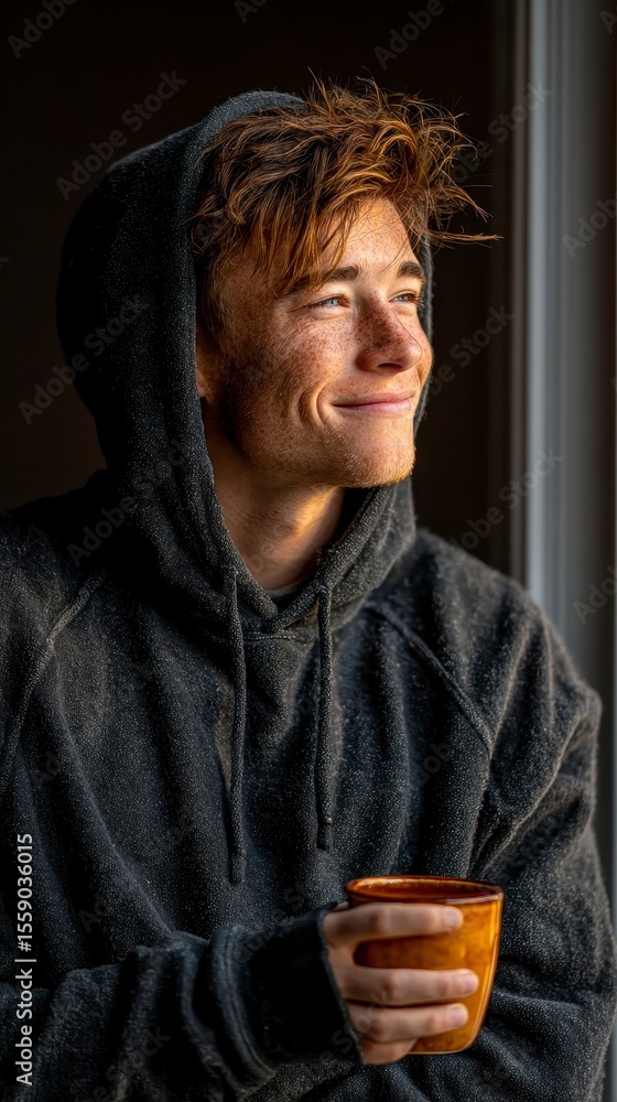 A young man with tousled hair in a dark hoodie smiles warmly while holding a brown ceramic mug, bathed in soft natural light by a window. A young man with tousled hair in a dark hoodie smiles warmly while holding a brown ceramic mug, bathed in soft natural light by a window.