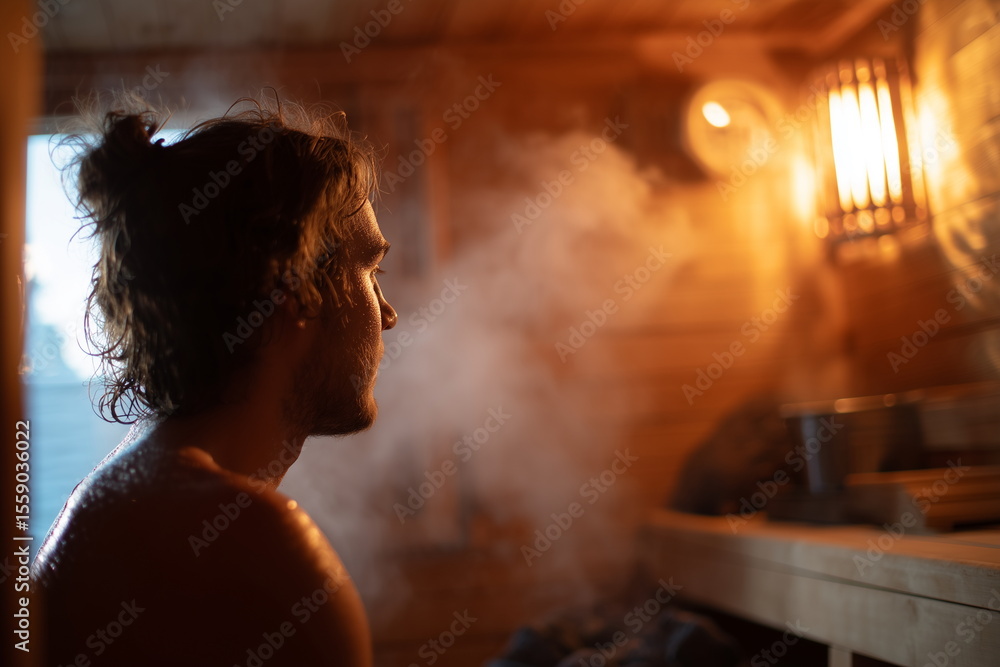 Fototapeta premium A man sitting on a wooden bench inside a hot traditional sauna, beads of sweat visible on their forehead and shoulders from the heat, with soft steam rising around them.
