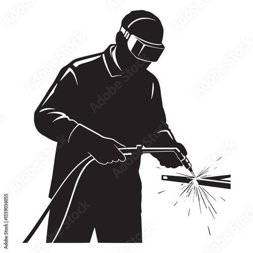 Silhouette of a skilled welder using welding torch with sparks on white background