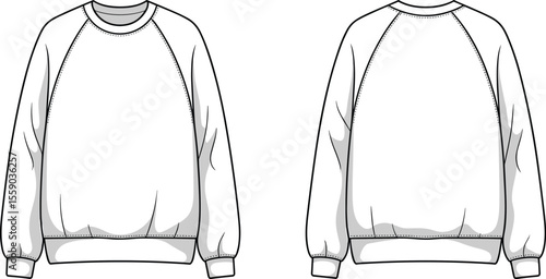 Blank White Crew Neck Raglan Sleeve Sweatshirt Template, Front and Back Views, Isolated on White, Customizable Unisex Apparel Basic Flat Sketch for Fashion Mockups and Print on Demand