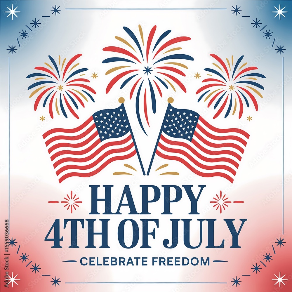 Obraz premium Patriotic fourth of july graphic with american flags and fireworks illustration