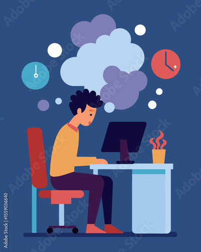 Sitting at a desk a persons computer screen is filled with a constant flow of pessimistic thoughts blocking out any possibility of productivity or progress.. Vector illustration