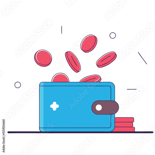 Blue wallet with falling red coins and stacked coins on white background