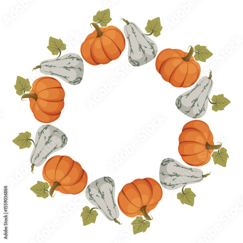 Pumpkin wreath. Pumpkin harvest circle frame flat vector design. Autumn round frame with various colorful pumpkins for seasonal decoration, invitation, greeting card, and Thanksgiving design projects.