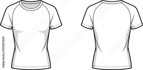 Blank White Fitted Raglan T-Shirt Template, Front and Back Views, Women's Sportswear Apparel Flat Sketch, Customizable Design for Activewear, Brand Mockups, Fashion Industry Technical Drawing Vector