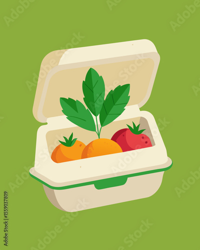 A biodegradable clamshell container holding fresh produce made from plantbased materials and printed with waterbased ink.. Vector illustration