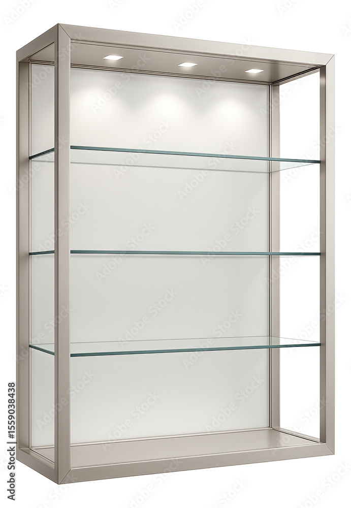 Retail display closet system for a boutique, featuring glass shelves and spotlighting for showcasing items. Retail display closet system for a boutique, featuring glass shelves and spotlighting for showcasing items.