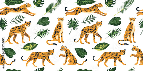 Seamless pattern with cute leopards or cheetah and exotic tropical leaves. Vector background for printing on fabric, stationery, paper, packaging, children's clothing.