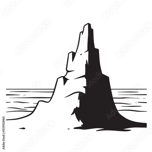 Stylized black and white illustration of a rugged coastal cliff and ocean view